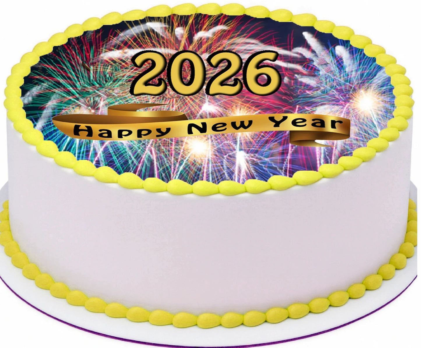 Edible Icing Images Cake Topper with New Year Fireworks Ribbon-themed decoration