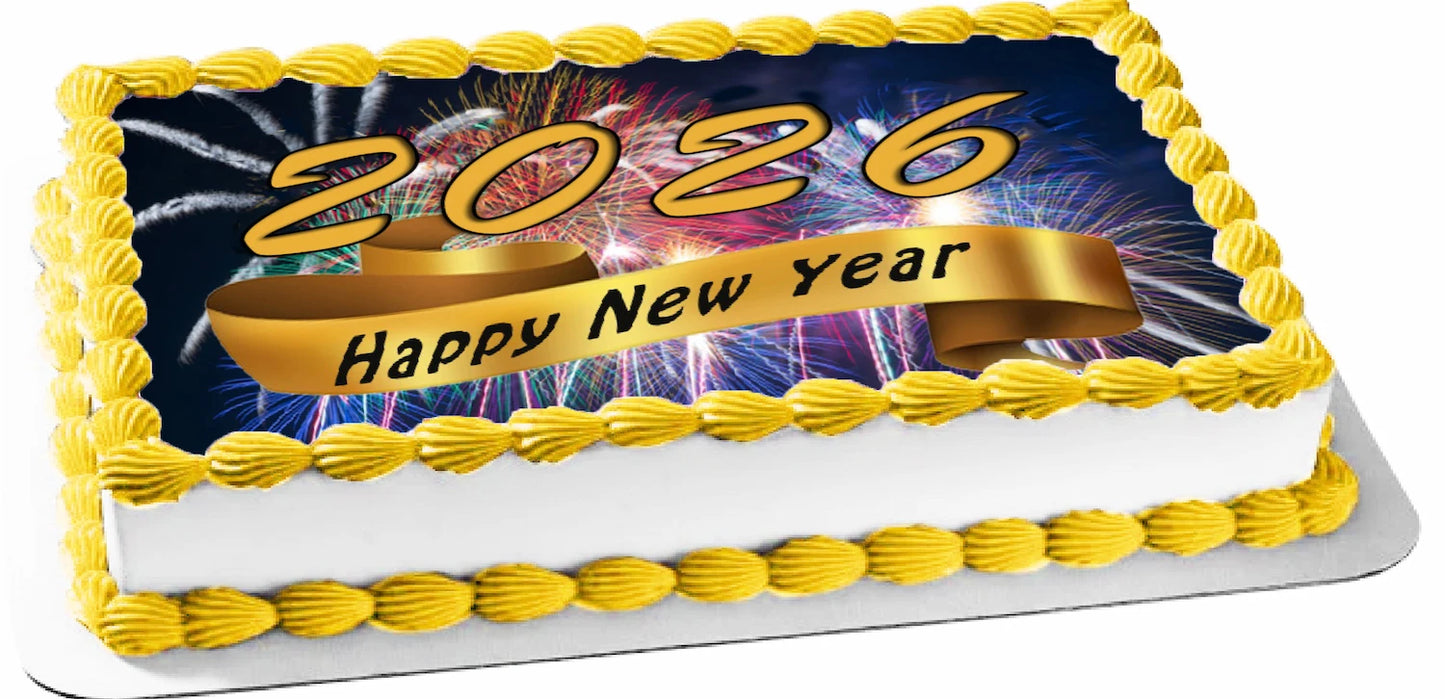Edible Icing Image Sheet Cake Topper with New Year Fireworks Ribbon themed decoration