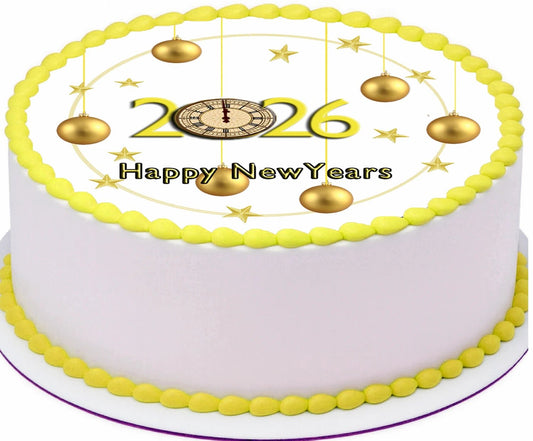 Custom Edible Cake Topper – New Year Gold Ornament Wishes Design – Pre-cut 8" Round Icing Sheet – RA Pape