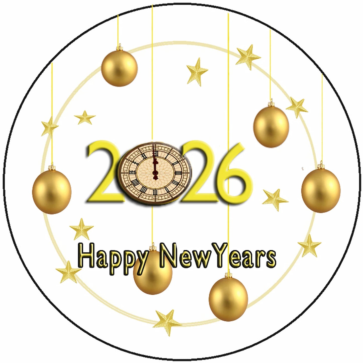 New Year Gold Ornament Wishes Edible Image Cake Topper Precut Round