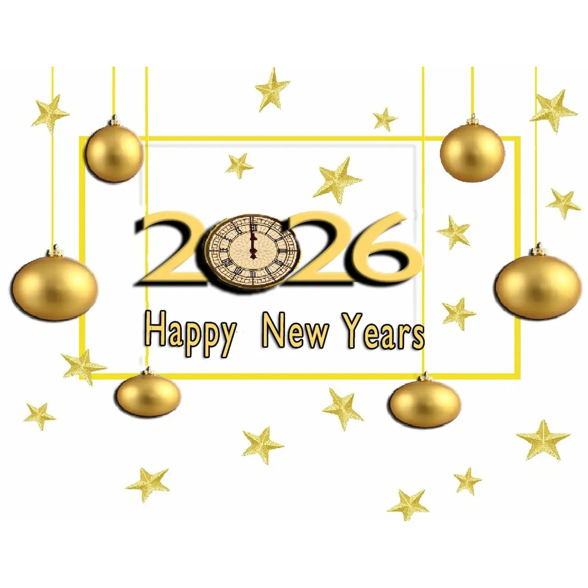 New Year's Edible Icing Sheet Cake Topper – Golden Ornament Wishes sheet topper design.