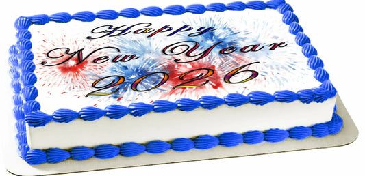 Custom Edible Cake Topper – New Year Red White Blue Firecracker Design – 1/4 Sheet Cake (9x13) – Precut Icing Sheet – RA Pape