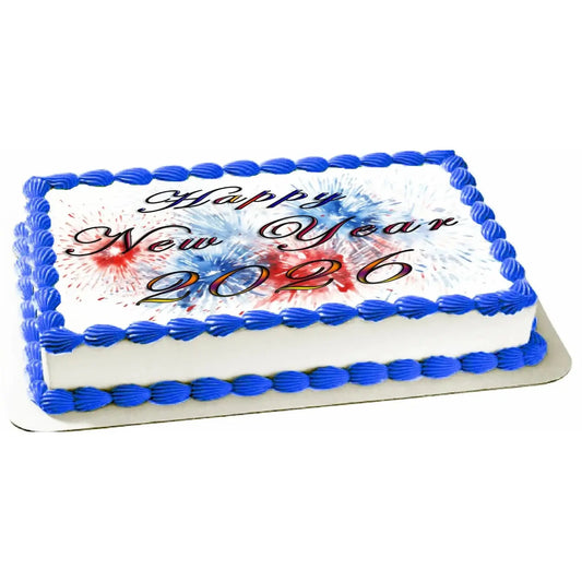 New Year's Edible Icing Sheet Cake Topper – Red, White & Blue Firecracker on a sheet cake.