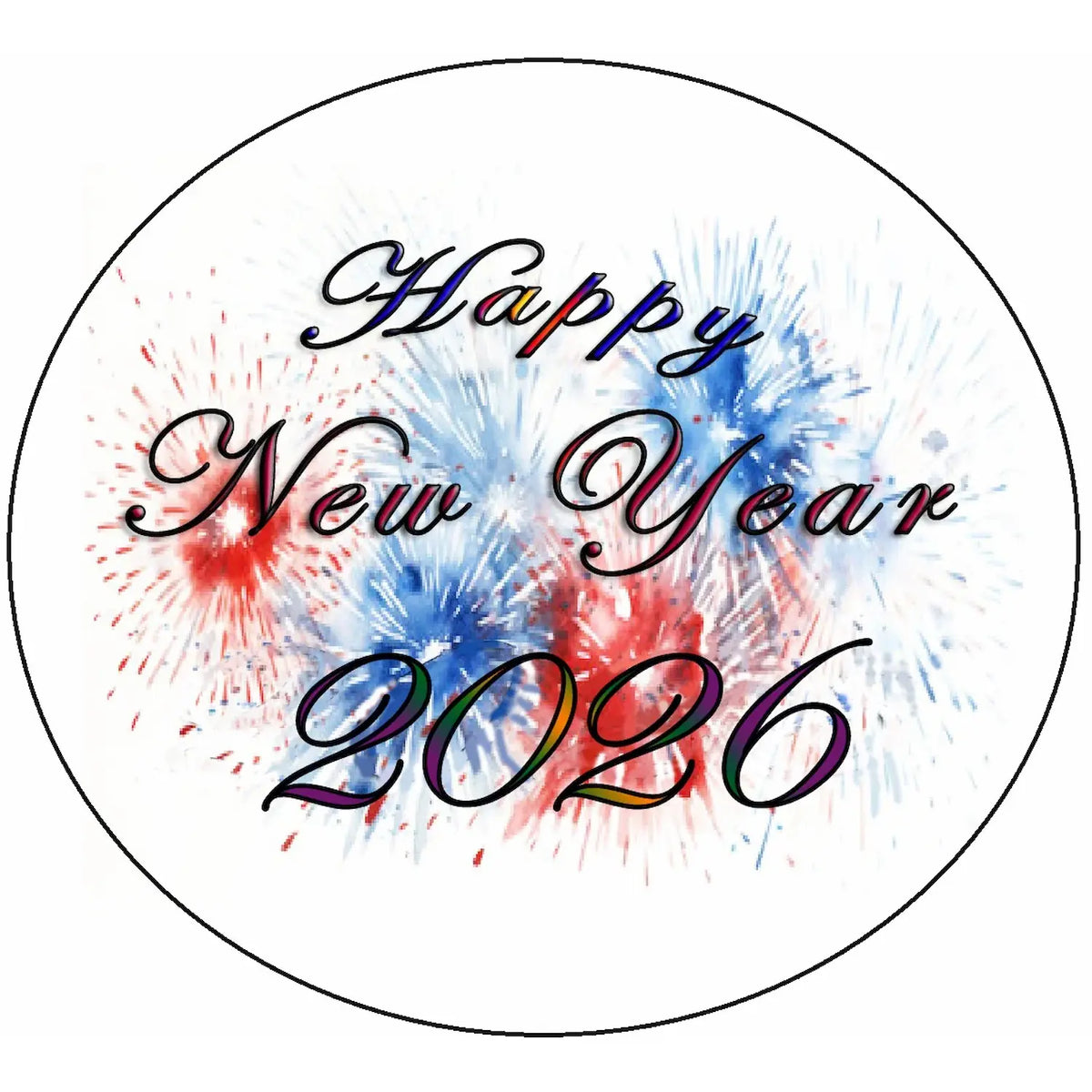 New Year's Edible Icing Cake Topper – Red, White & Blue Firecracker 8" Round round topper design.
