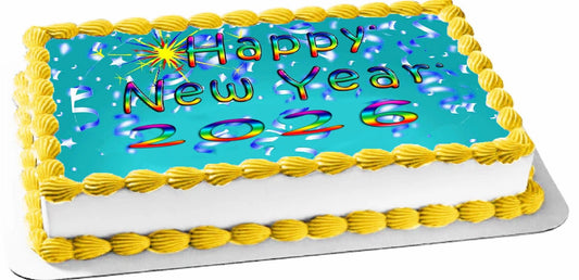 Custom Edible Cake Topper – New Years Confetti Rainbow Sparkle Design – 1/4 Sheet Cake (9x13) – Precut Icing Sheet – RA Pape
