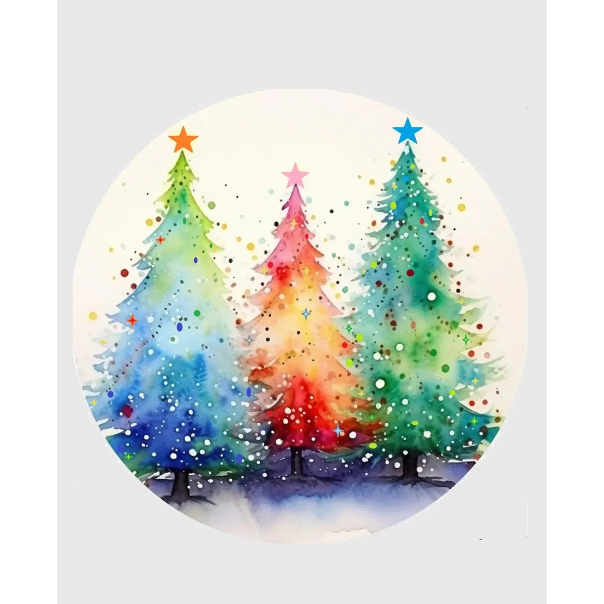 Painted Pastel Trees Christmas edible icing round cake topper design.