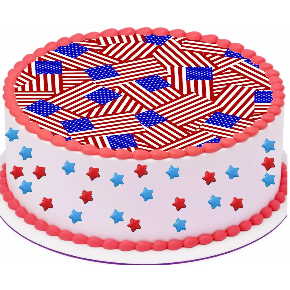 July 4th Red White and Blue Edible Icing Cake Topper – 8-Inch Round on a round cake.