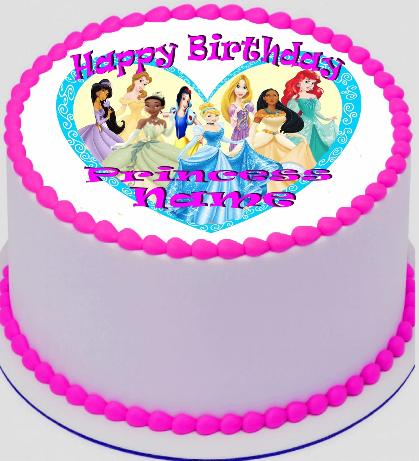 Round edible icing cake topper with All Princesses On It. with text 'Happy Birthday'.