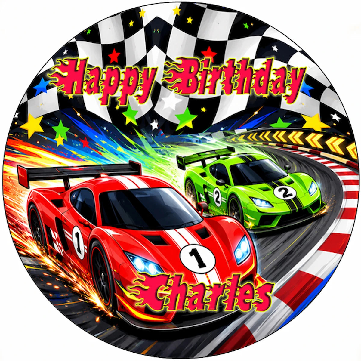 Race-car Edible Image Cake Topper Birthday Finish Line - precut 8" Icing Sheet - RA Pape A closer look