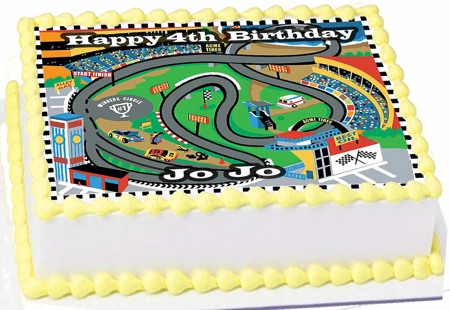 Edible Icing Image Birthday cake Topper with Race Track-themed decoration Personalized.