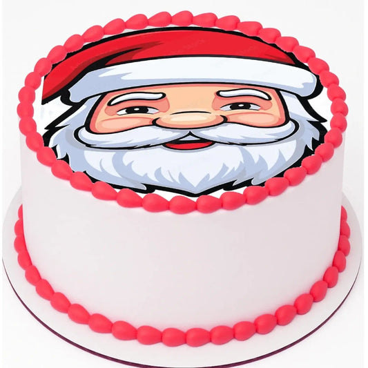 Santa Claus Christmas edible icing round cake topper shown on a frosted cake.