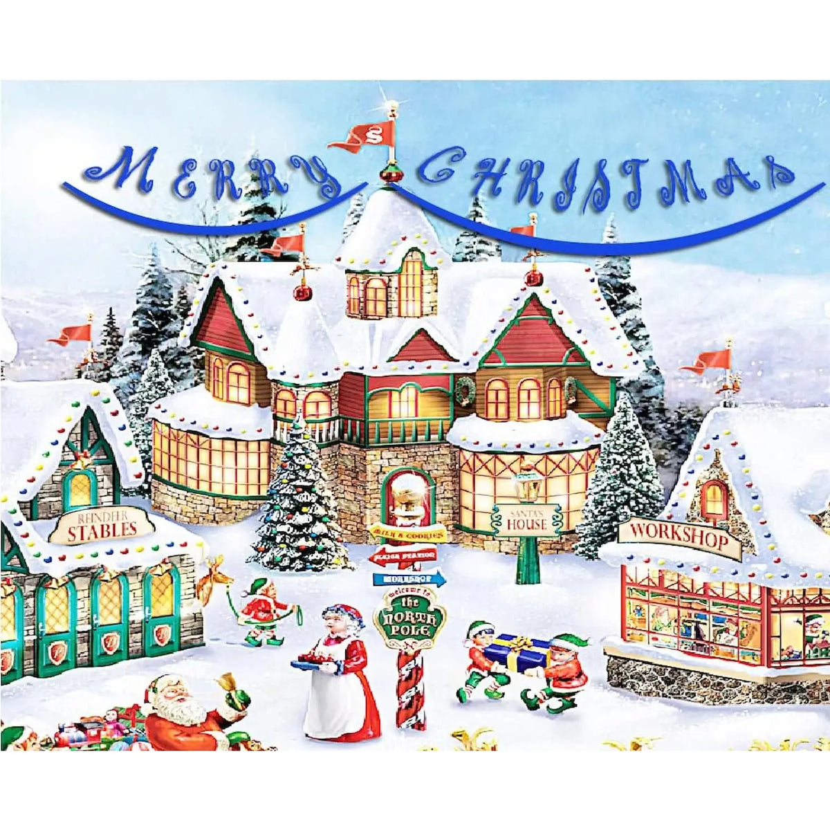 Santa's Workshop Christmas edible icing sheet cake topper design.