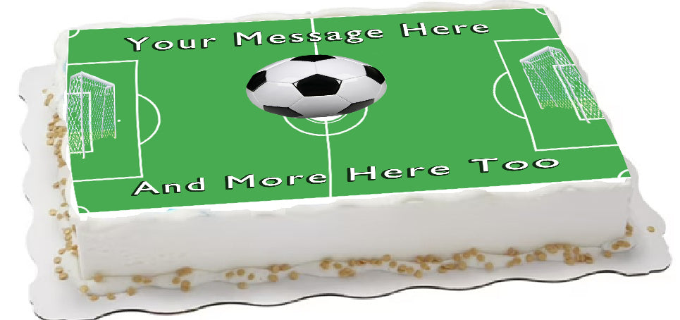 Personalizable soccer-themed cake topper with green field design and text space o edible image