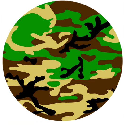 Image of with a camouflage pattern in green, brown, and beige, edible image