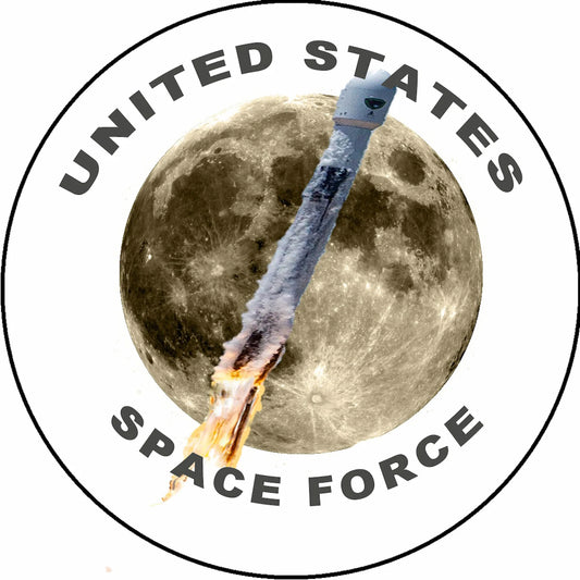 United States Space Force logo with a rocket launch against a moon background