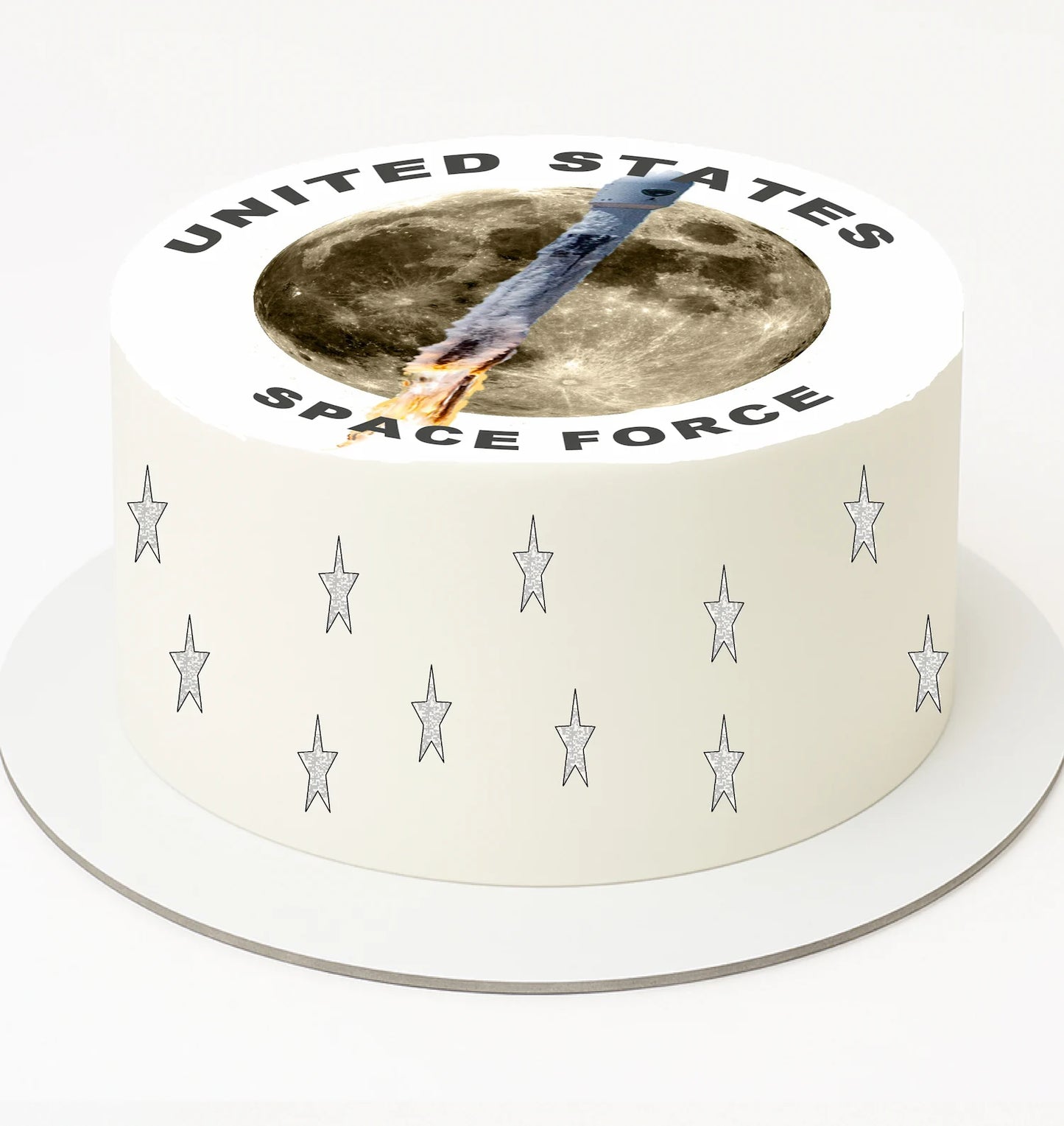 Cake with 'United States Space Force' text and image of a spacecraft on the moon.