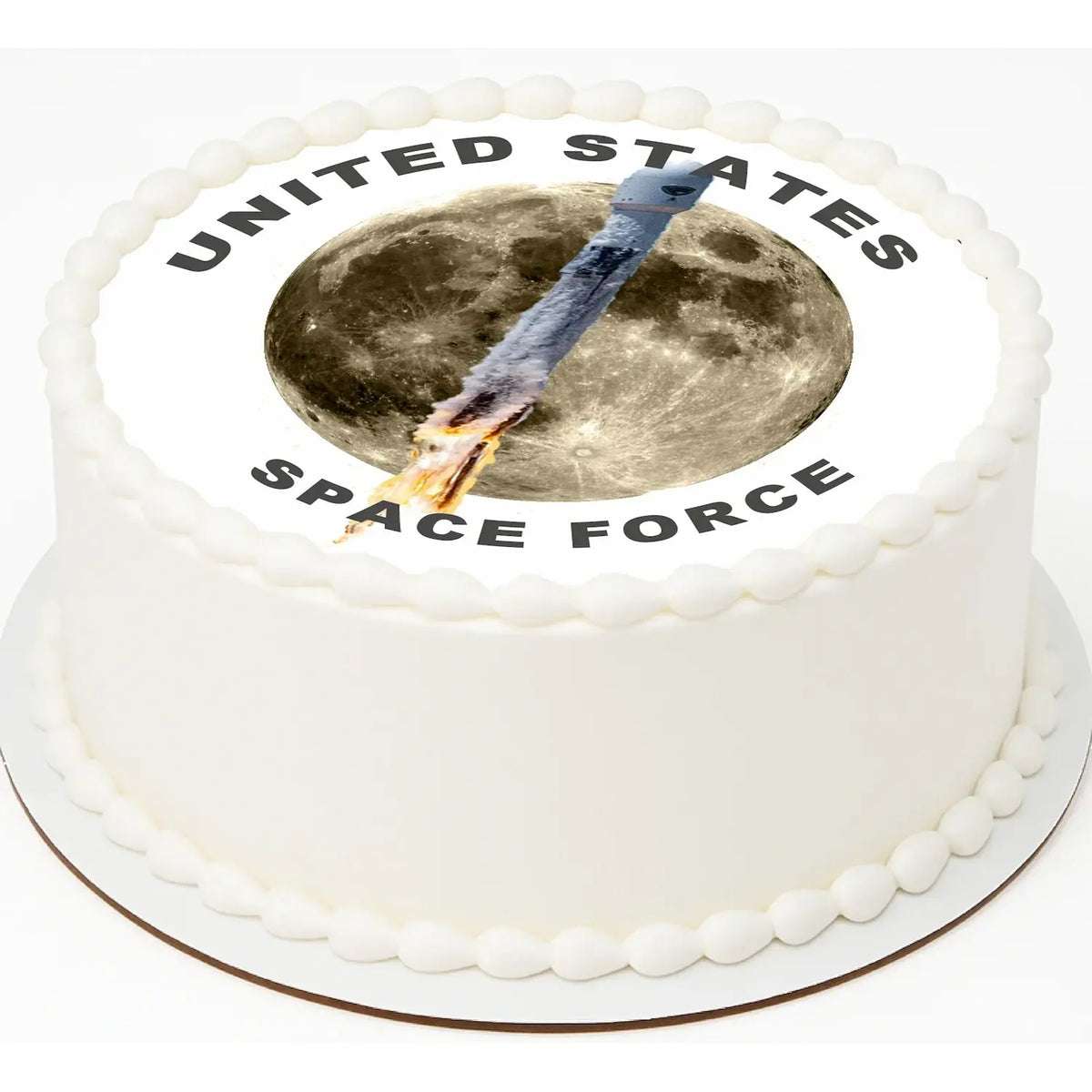 Space Force Rocket to the Moon Edible Icing Cake Topper – 8-Inch Round on a round cake.