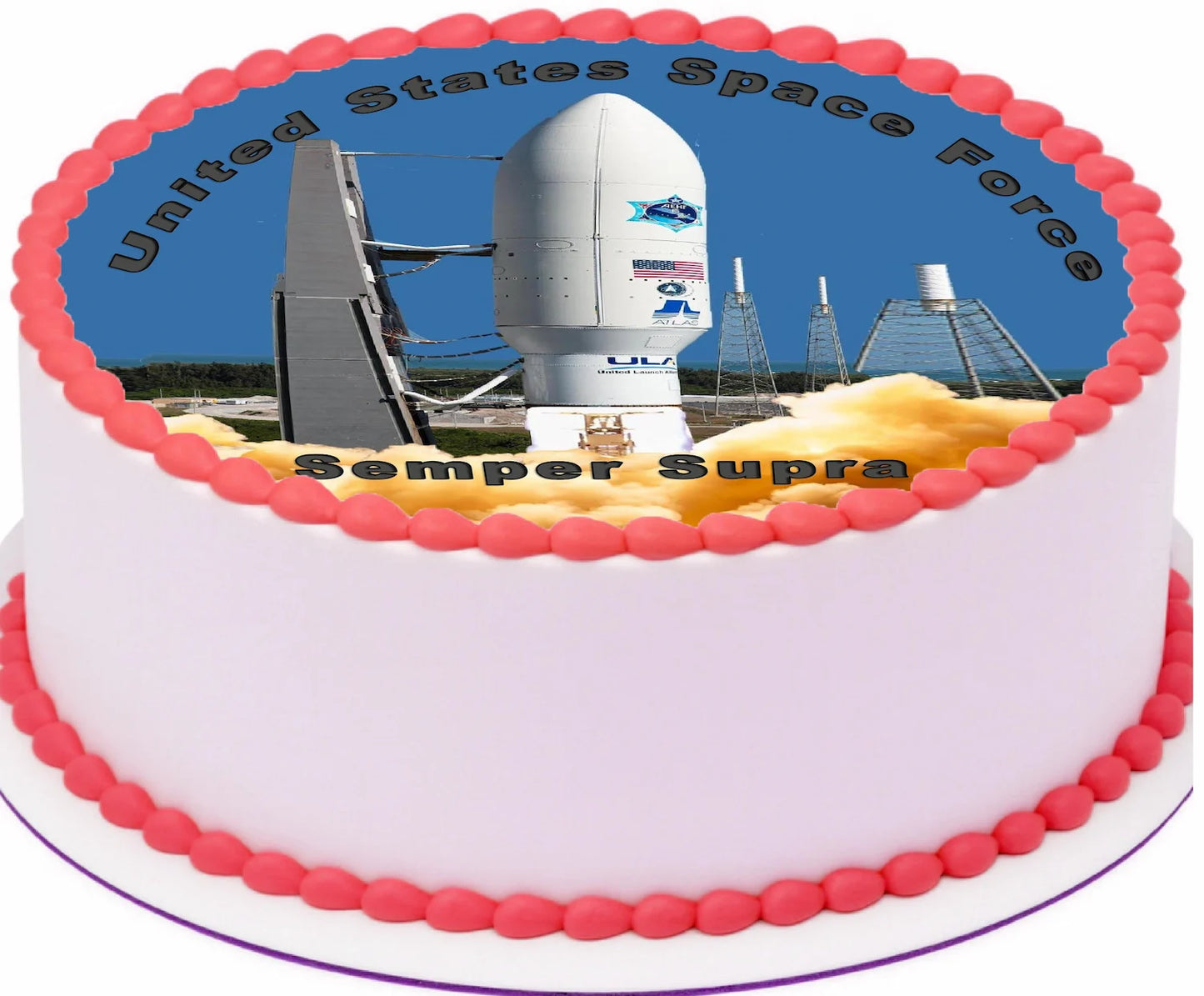 Space Force Semper Supra Edible Icing Cake Topper – 8-Inch Round on a round cake.