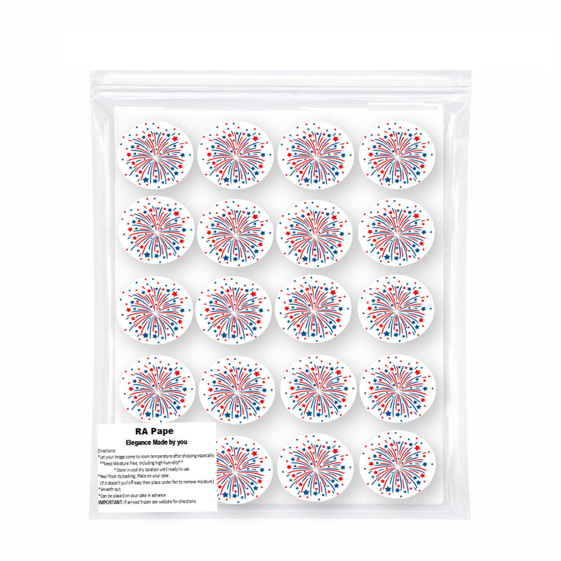 Custom Edible Cake Topper Fireworks Design – Icing Sheet Cookie & Cupcake Images –20 Pre-cut 2” Round– RA Pape