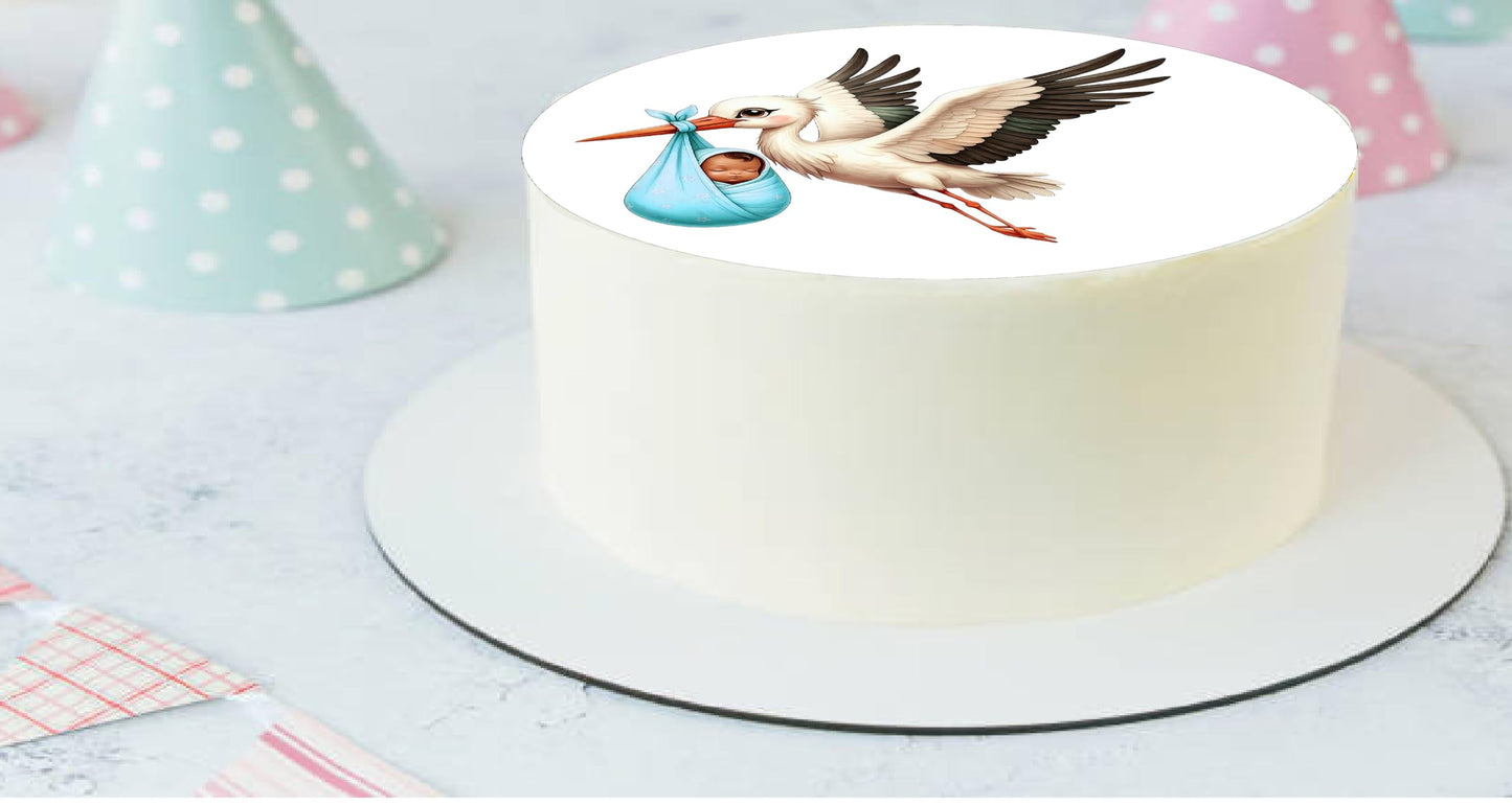 Edible Icing Image Cake Topper with Stork Baby Boy Baby Shower-Announcement-Gender Reveal themed decoration