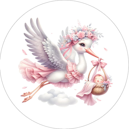 Stork Baby Girl Baby Shower - Gender Reveal Celebration - Edible Image Cake Topper Vibrant Colors