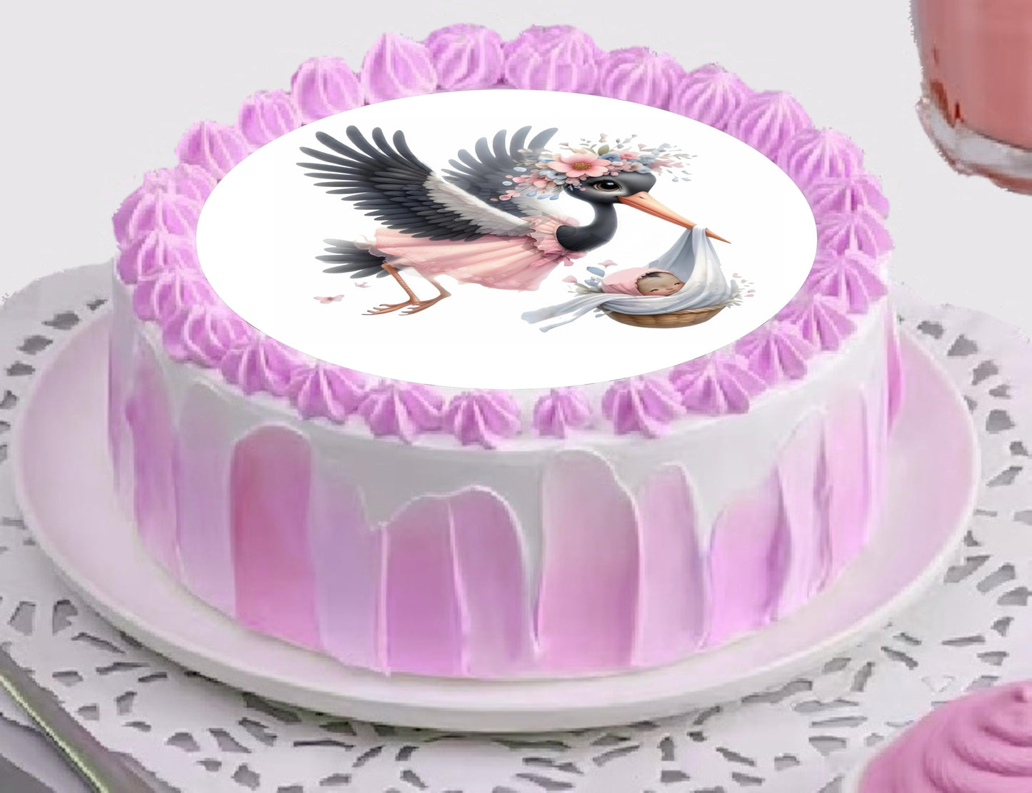 Edible Icing Images Cake Topper with Stork baby Girl delivery Announcement -themed decoration