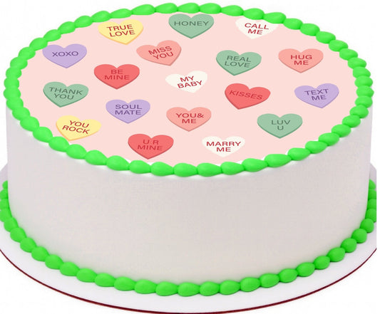 Custom Edible Cake Topper – Valentine Sweet Talk Candy Hearts Design – Pre-cut 8" Round Icing Sheet – RA Pape