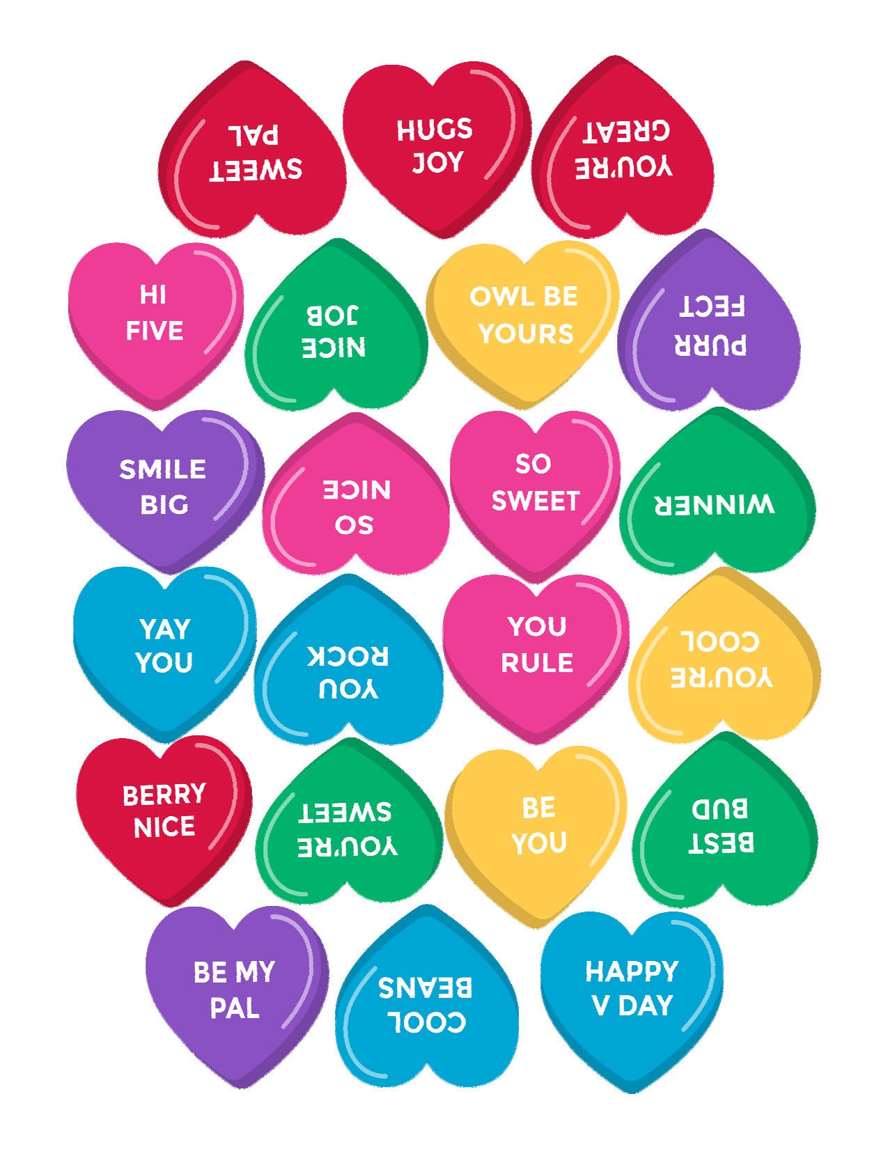 Colorful heart-shaped Edible Image Cookie Toppers with various messages on a white background
