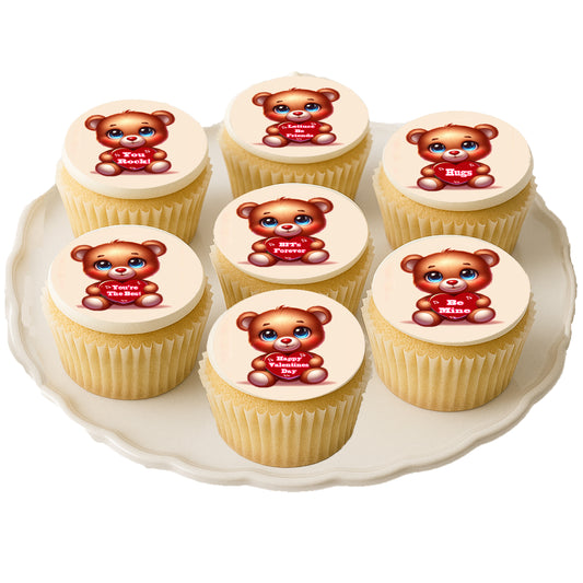 Adorable teddy bear Valentine edible cookie toppers with sweet messages. Perfect for school parties, classroom treats, and kids’ Valentine Cupcakes on a white plate