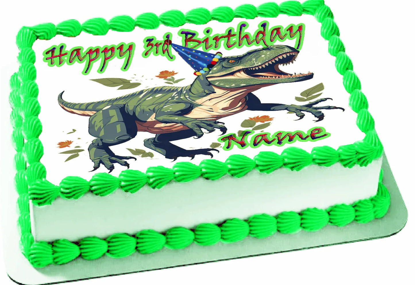 Edible Icing Images Sheet Cake Topper with T-Rex Dinosaur-themed decoration featuring text personalized with name and age