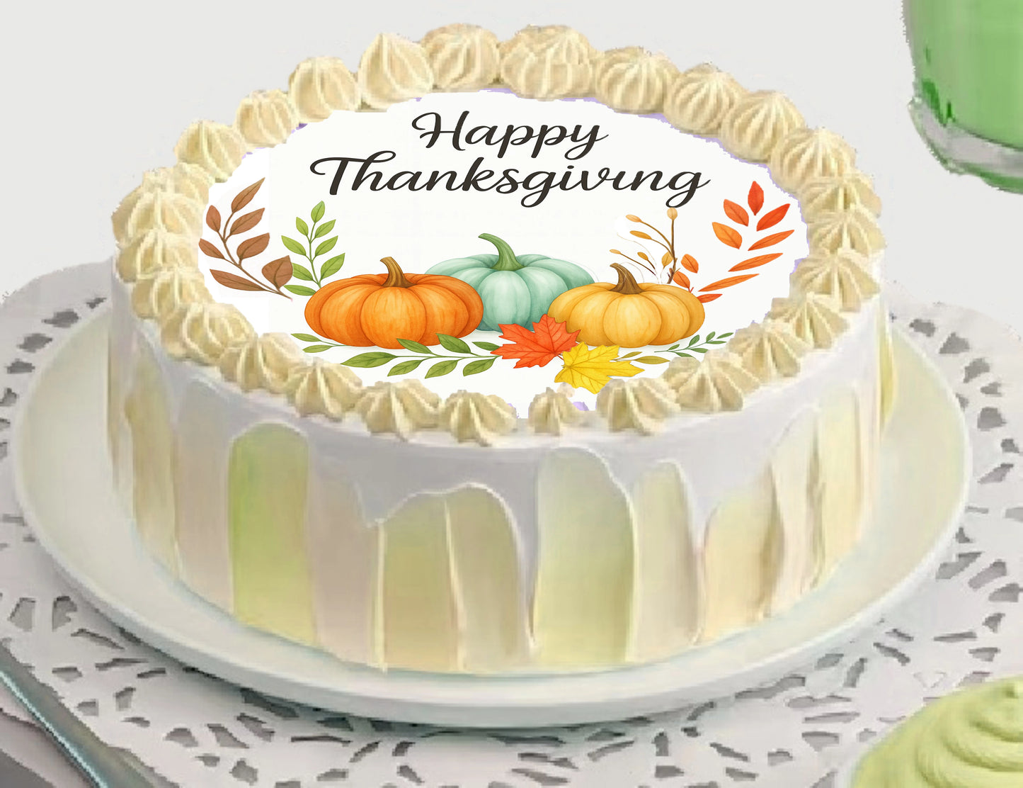 Thanksgiving-themed cake topper with pumpkins and leaves on a edible image sheet