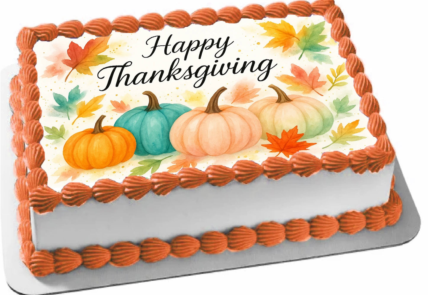 Thanksgiving cake topper with pumpkins and fall leaves on a edible image sheet