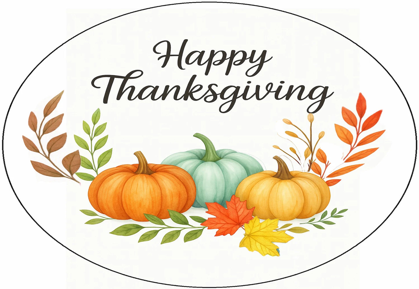 Happy Thanksgiving precut edible image cake topper with pumpkins and autumn leaves.