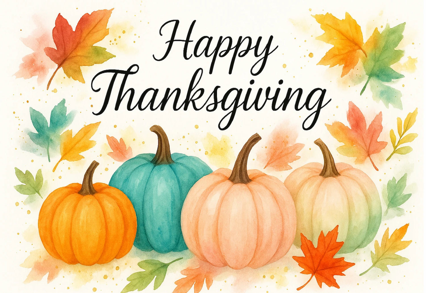 Happy Thanksgiving text with colorful pumpkins and leaves on a edible image cake topper sheet