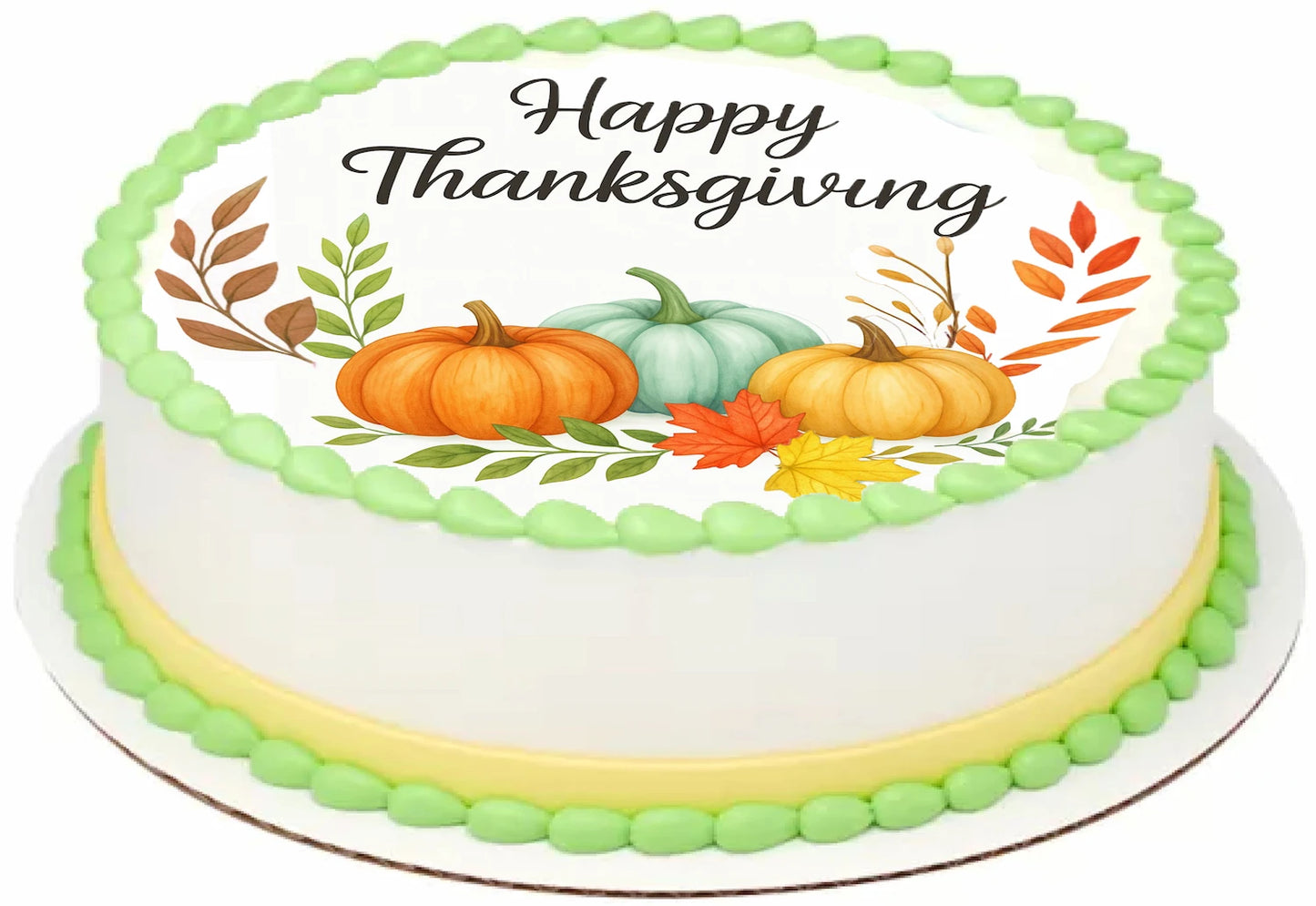 Thanksgiving cake topper with pumpkins and leaves on a precut edible image