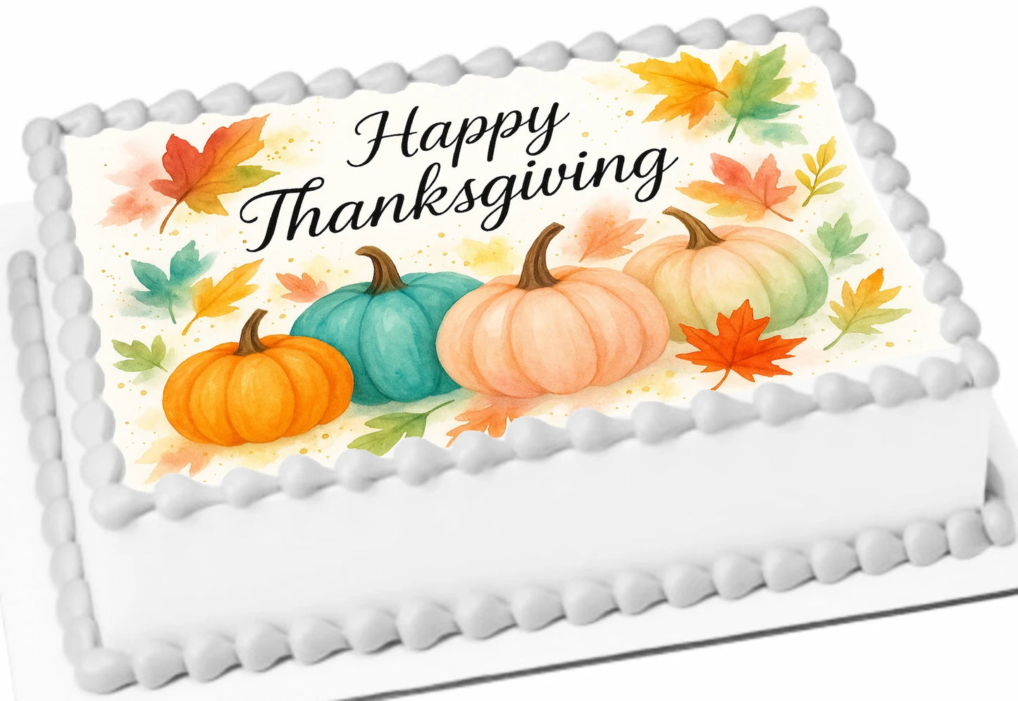 Happy Thanksgiving cake topper with pumpkins and leaves on a edible image sheet