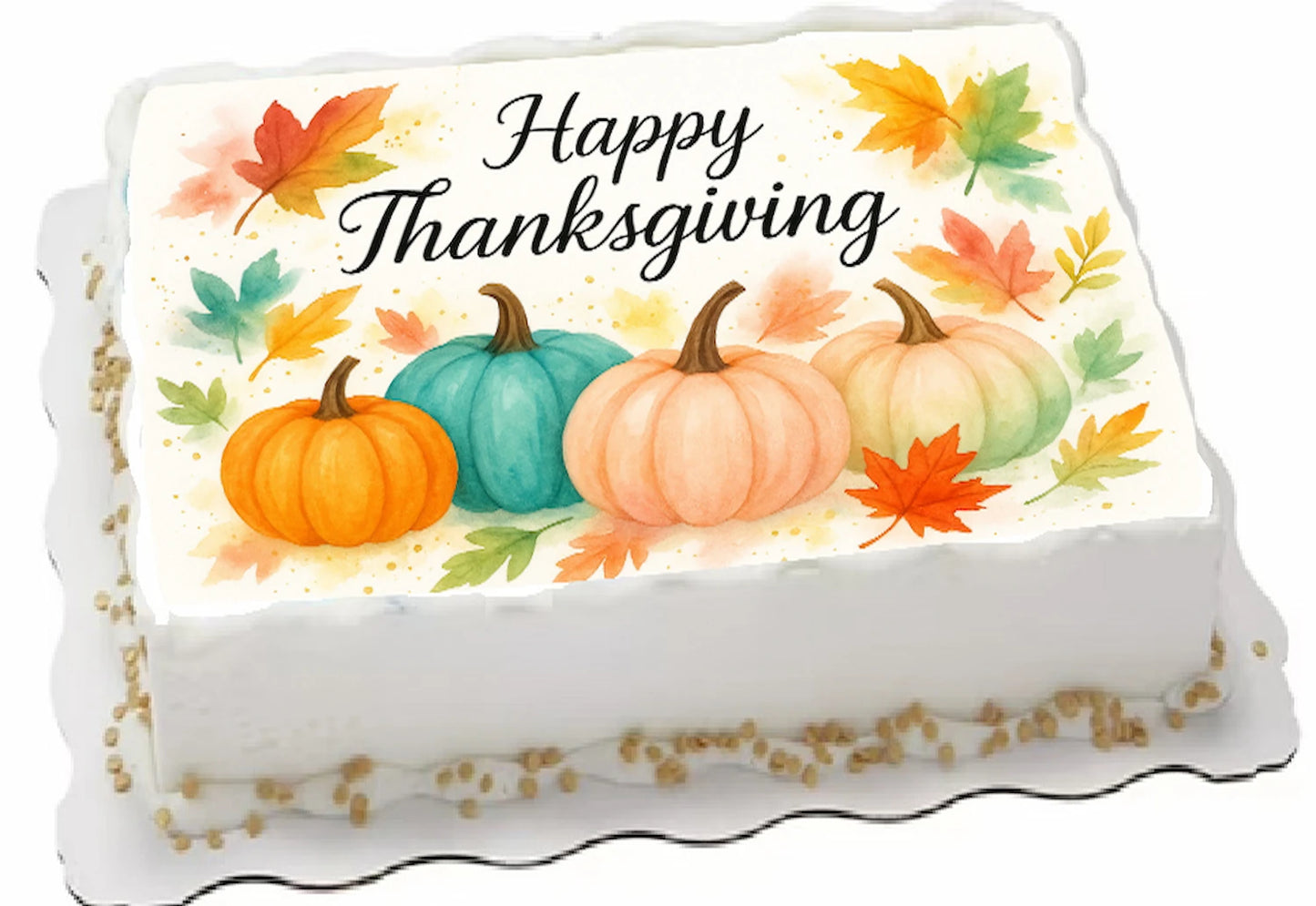Decorative Thanksgiing cake topper with 'Happy Thanksgiving' text and colorful pumpkins on a edible image