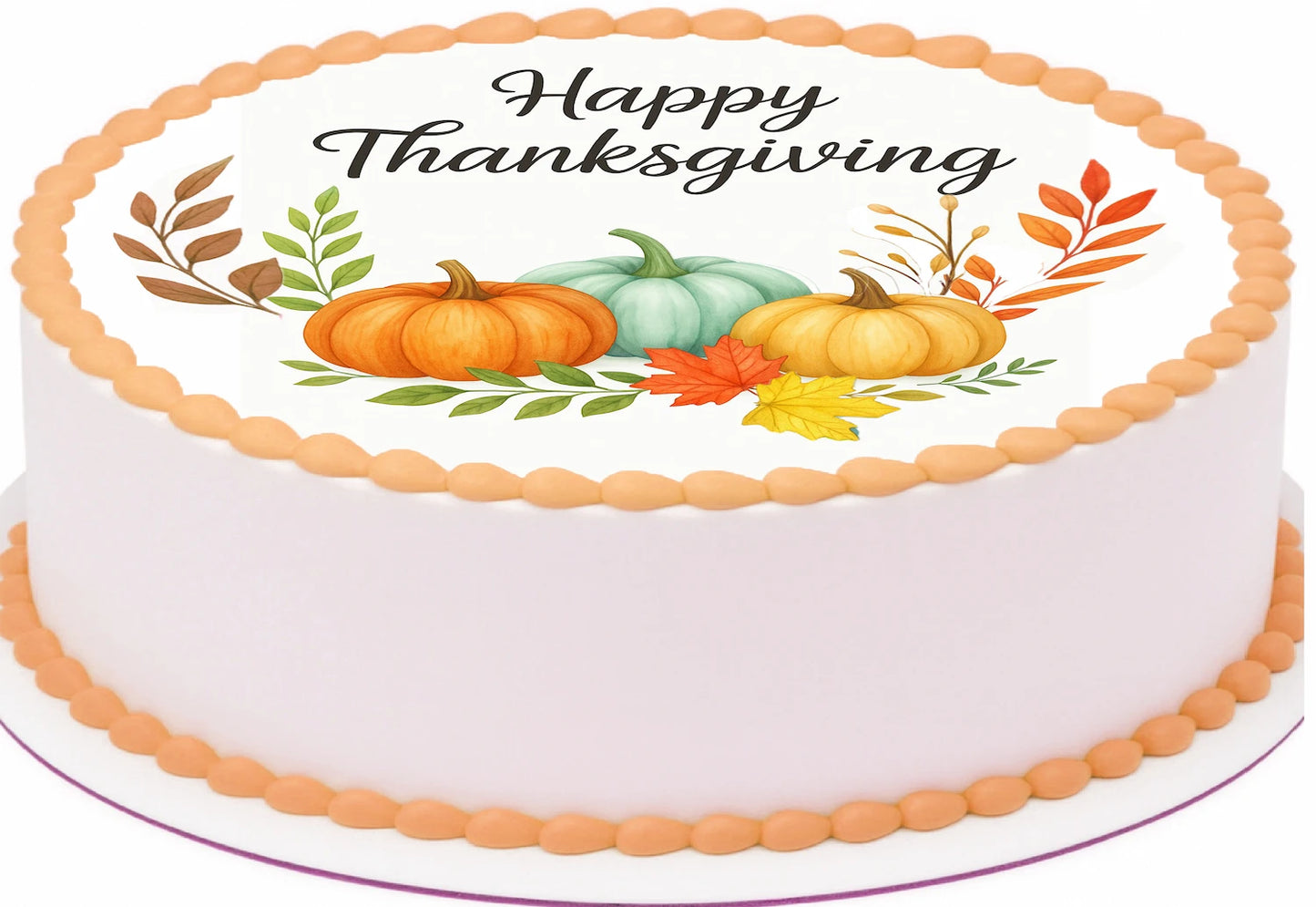 Thanksgiving-themed cake topper with pumpkins and leaves on a precut edible image