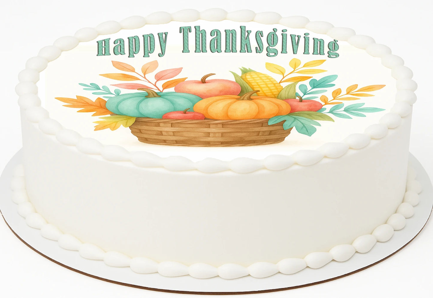 Thanksgiving-themed cake topper with a basket of pumpkins and corn on a precut edible image.