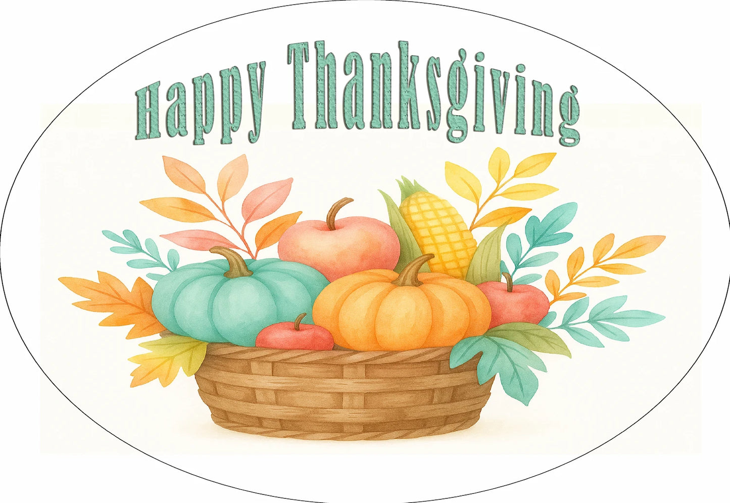 Happy Thanksgiving cake topper with pumpkins, corn, and apples in a basket on a white background on a precut edible image.