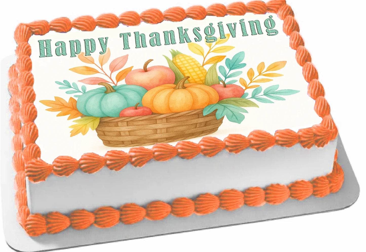 Thanksgiving-themed edible image sheet cake topper with pumpkins, corn, and leaves.