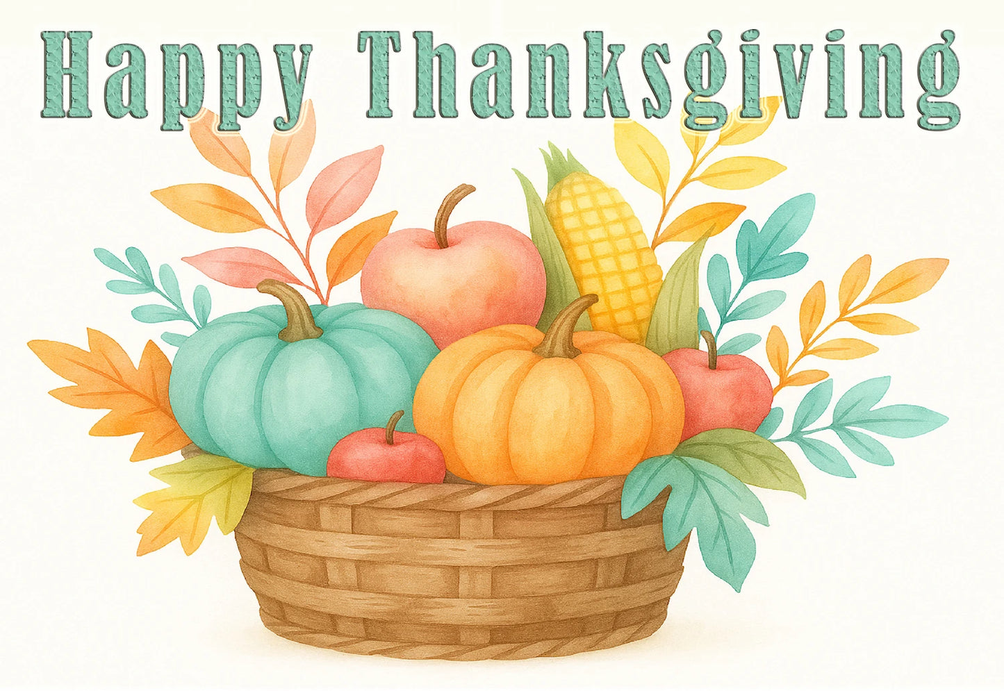 Basket of pumpkins, corn, and apples with 'Happy Thanksgiving' text cake topper sheet edible image