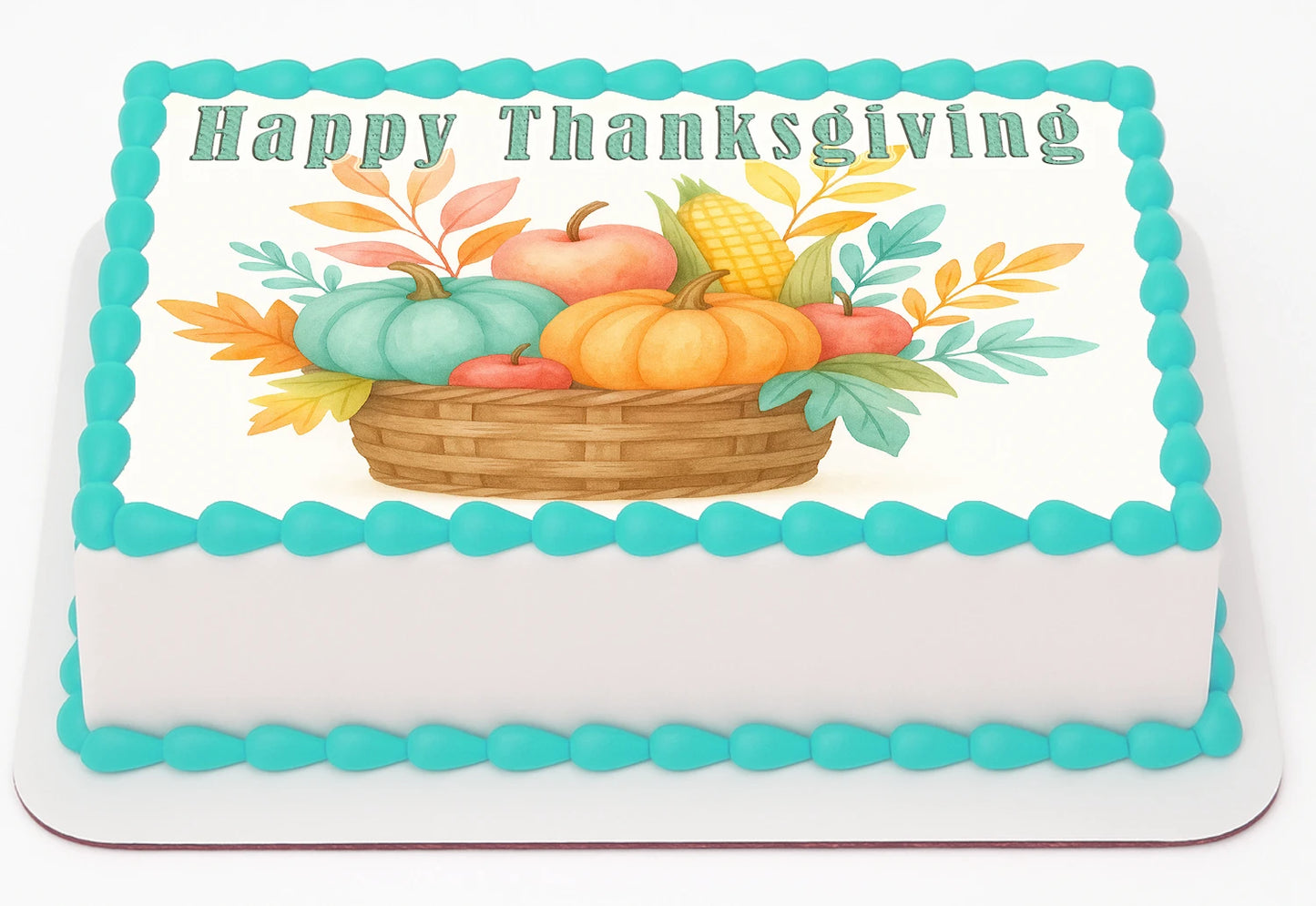 Happy Thanksgiving cake topper with a basket of fruits and vegetables on a edible image sheet.