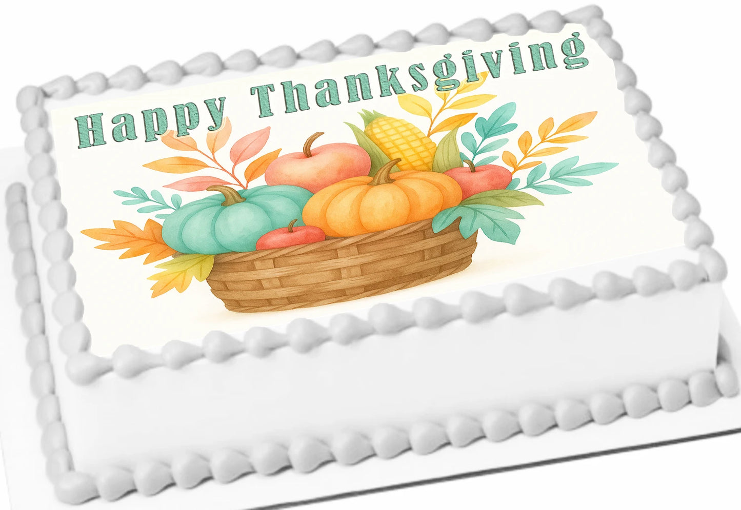 Happy Thanksgiving cake topper with pumpkins, corn, and leaves on a edible image.