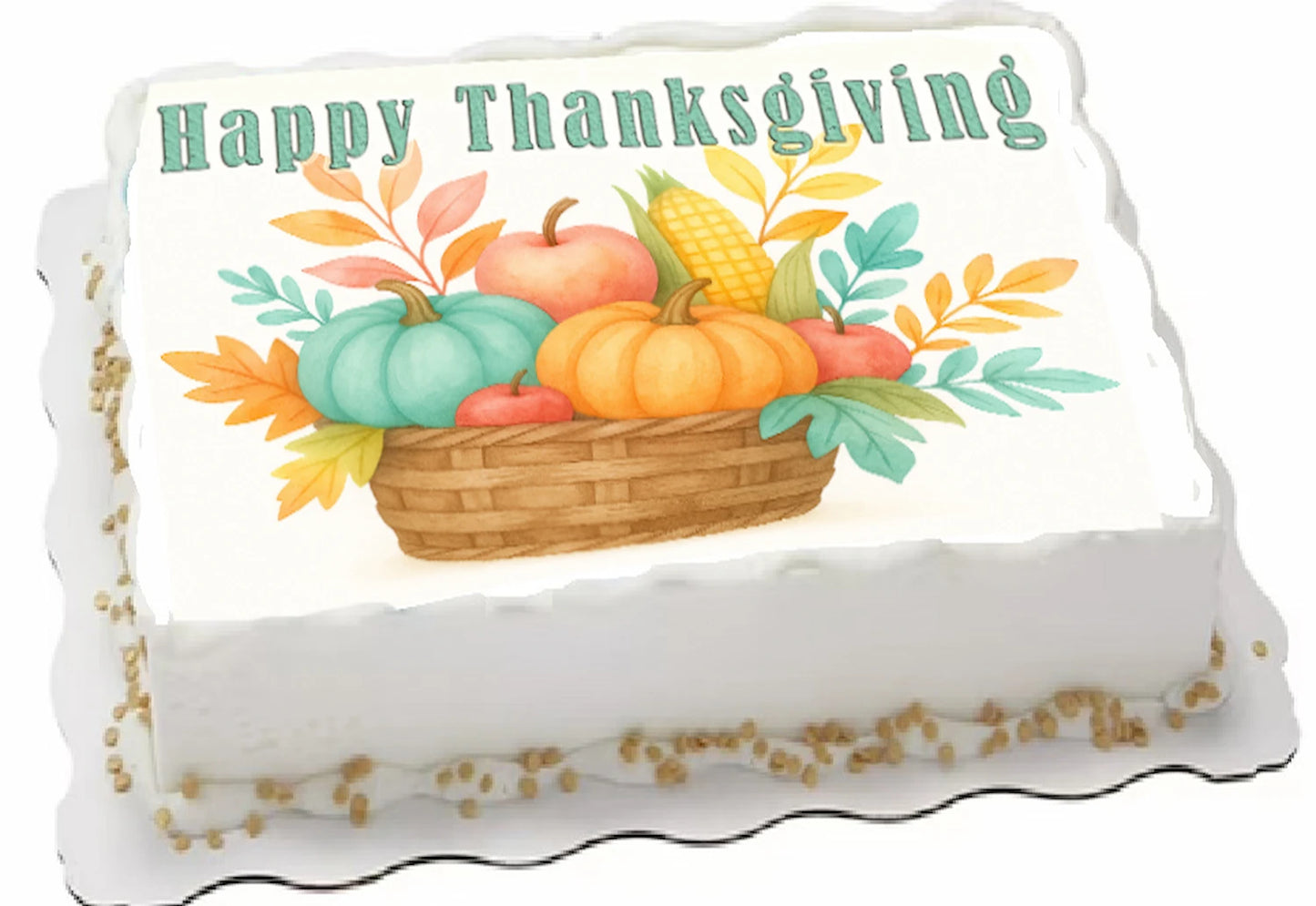 Decorative cake topper with 'Happy Thanksgiving' text edible image sheet