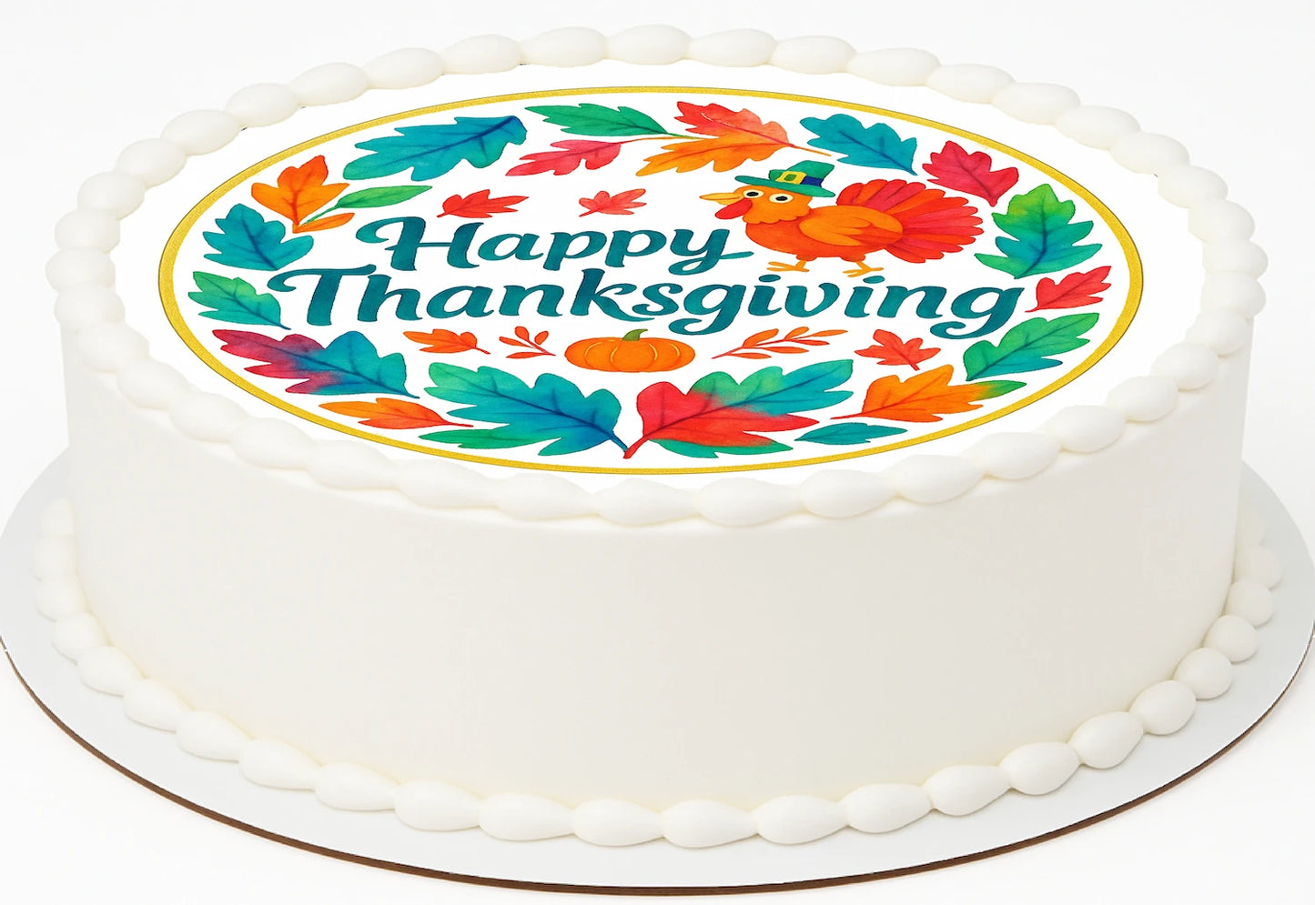Edible icing cake topper with 'Happy Thanksgiving' decoration featuring colorful leaves and a turkey.