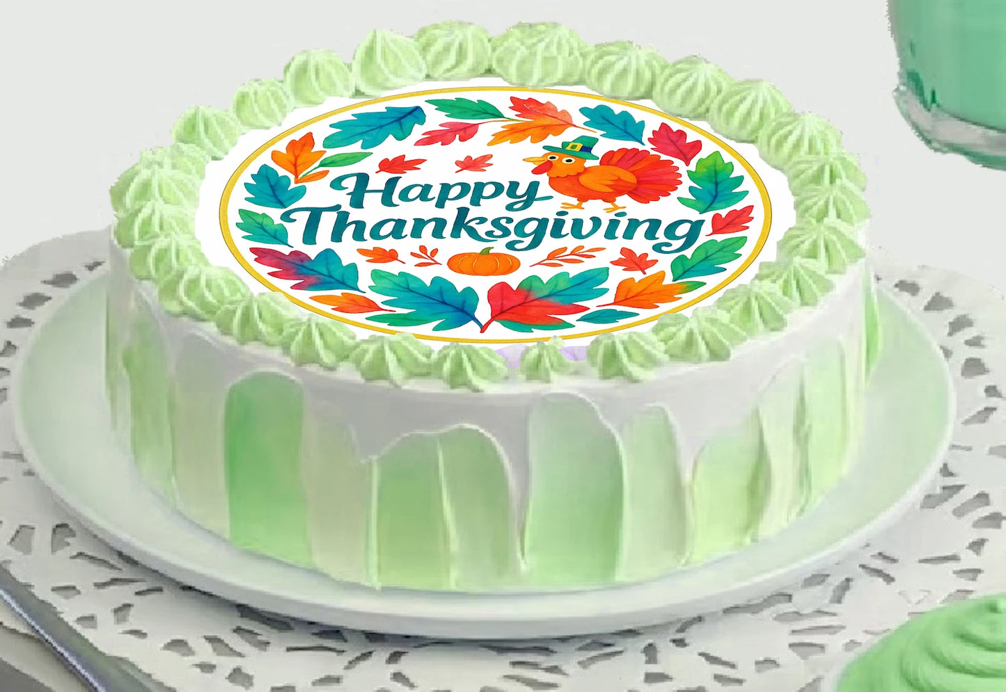 Decorative Thanksgiving cake topper with 'Happy Thanksgiving' text and colorful design on edible image.
