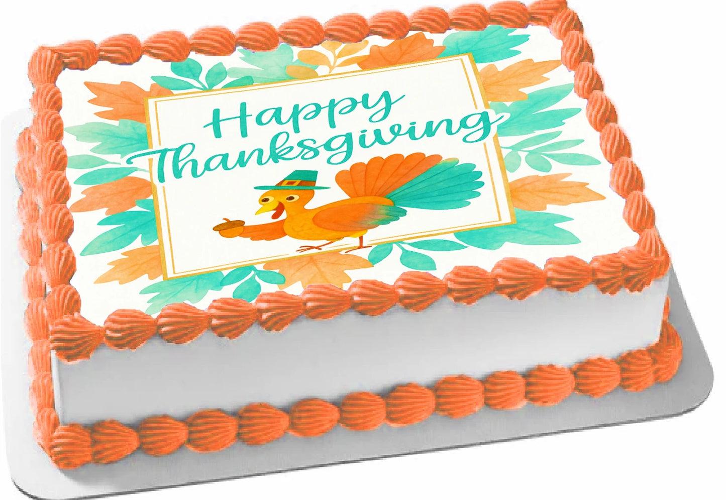 Thanksgiving cake topper with orange border and turkey design on a edible image sheet