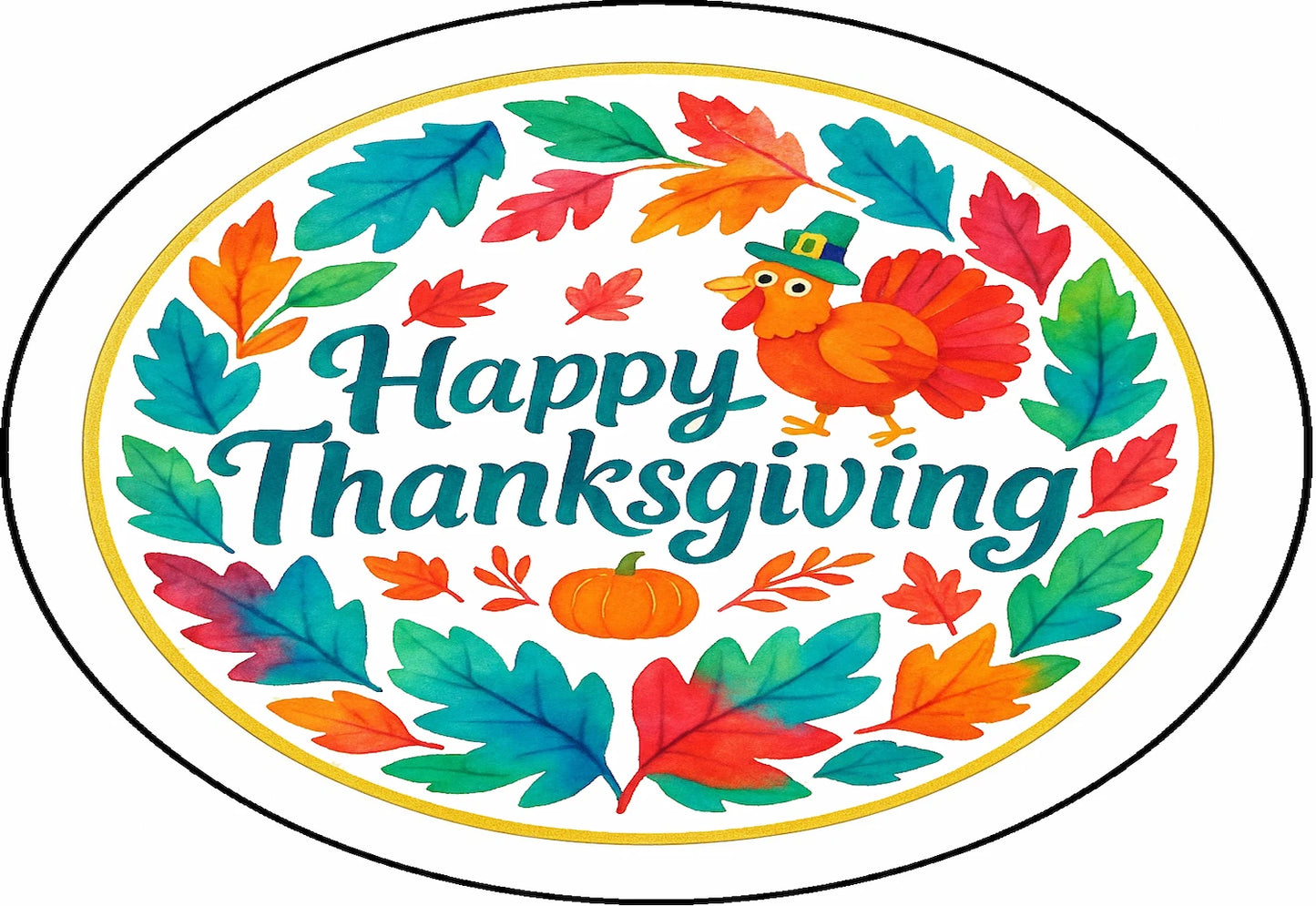 Colorful 'Happy Thanksgiving' design with a turkey and leaves on a precut edible image cake topper.