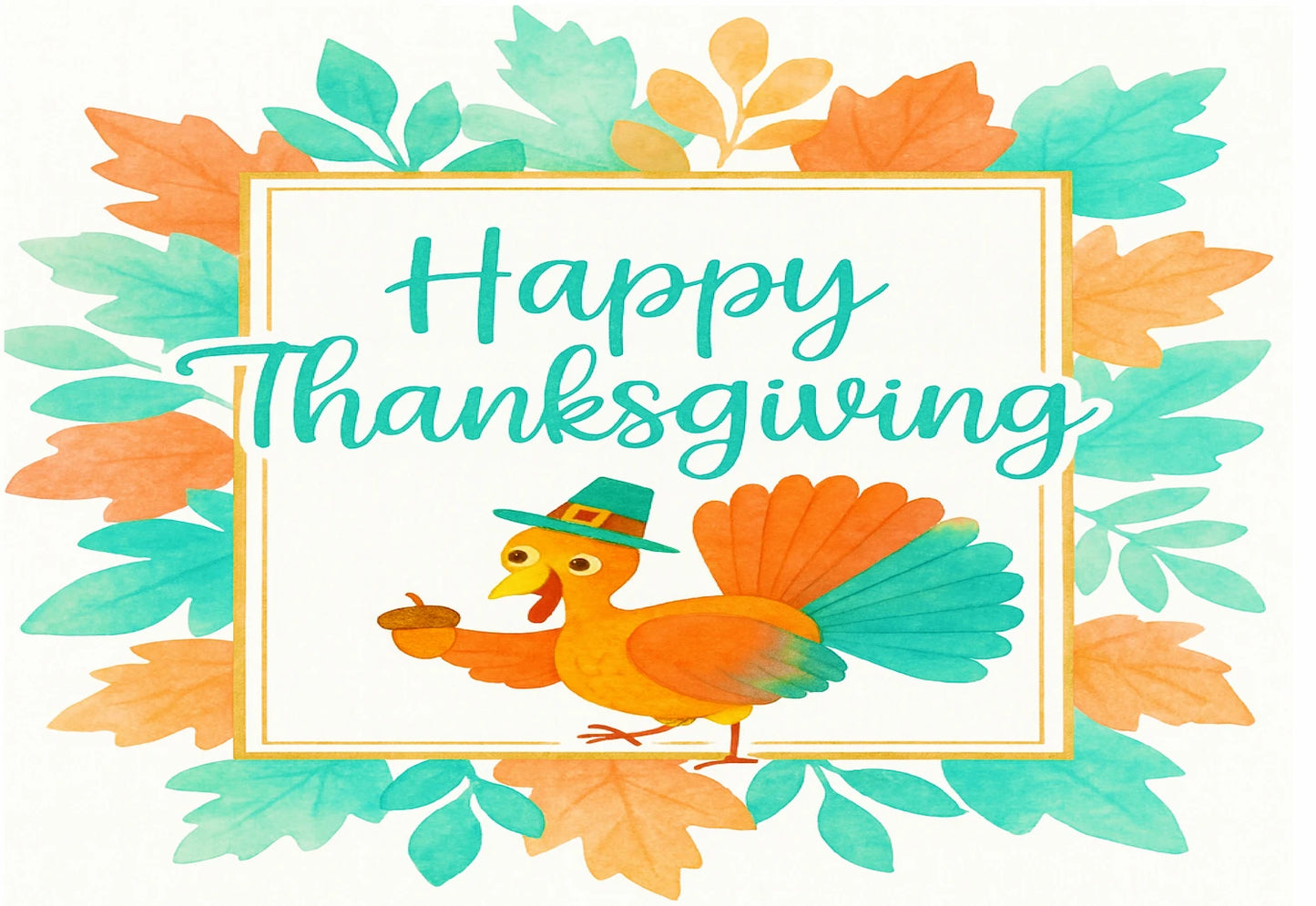 Happy Thanksgiving cake topper with a turkey and autumn leaves on a edible image sheet